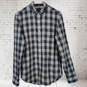 J Crew Linen Blend Long Sleeve Button Down Check Shirt in Blue, Grey - Sz S